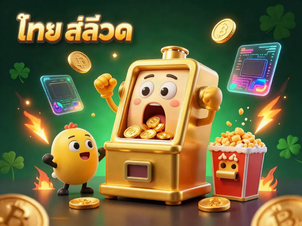 Thai สล็อต slots jackpot celebration with golden slot machines and crypto elements in an engaging 3D scene.