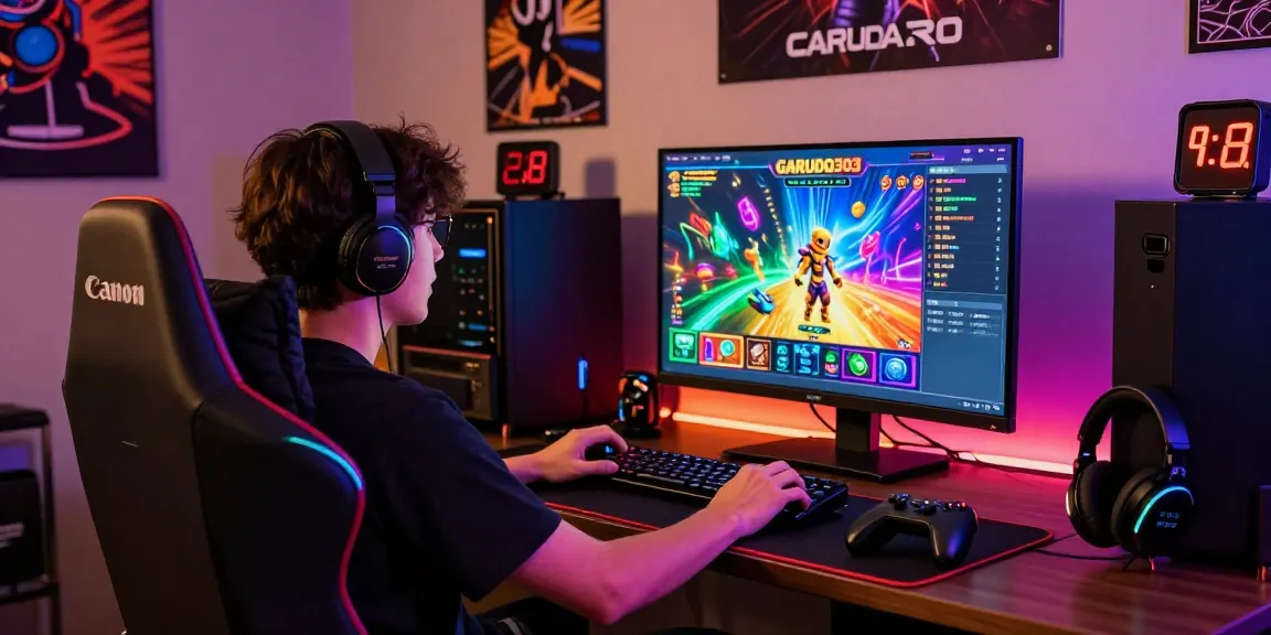 Player enjoying GARUDA303 online slot games in a vibrant gaming setup.
