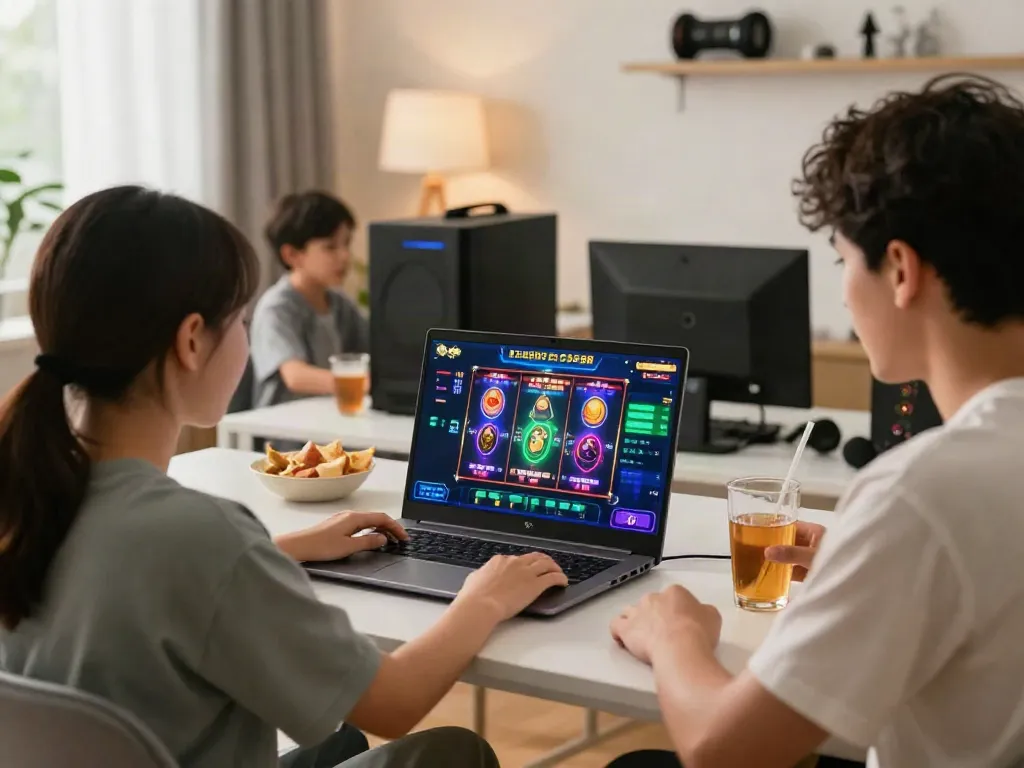 Engaging in a slot88 game at home with snacks and vibrant graphics.