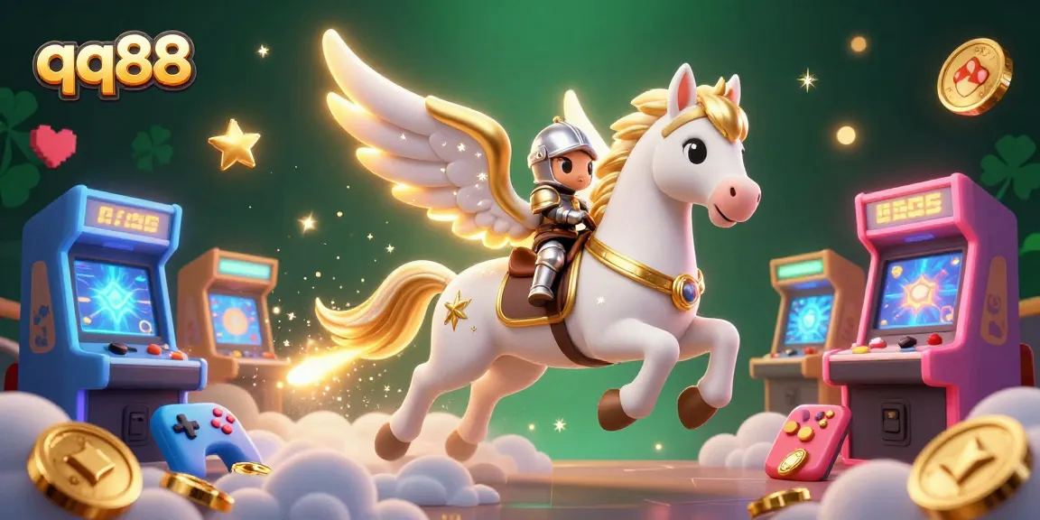 Experience the thrill of qq88 with a vibrant 3D scene featuring animated casino games, celestial characters, and dynamic action.