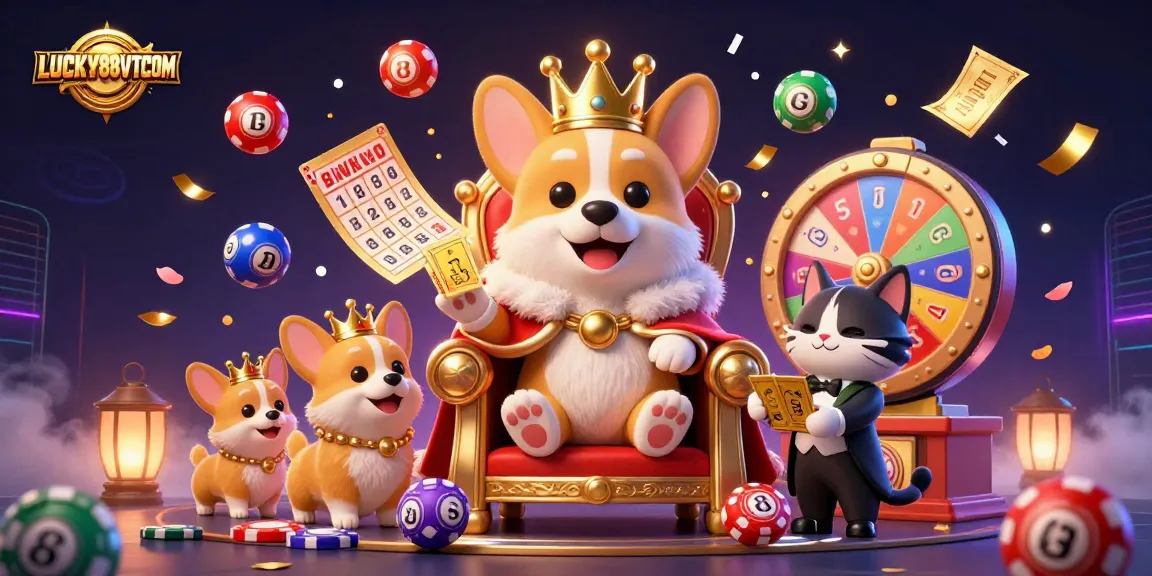 LUCKY88VTCOM presents an engaging 3D cartoon scene with corgis, colorful lottery balls, and dynamic casino elements.