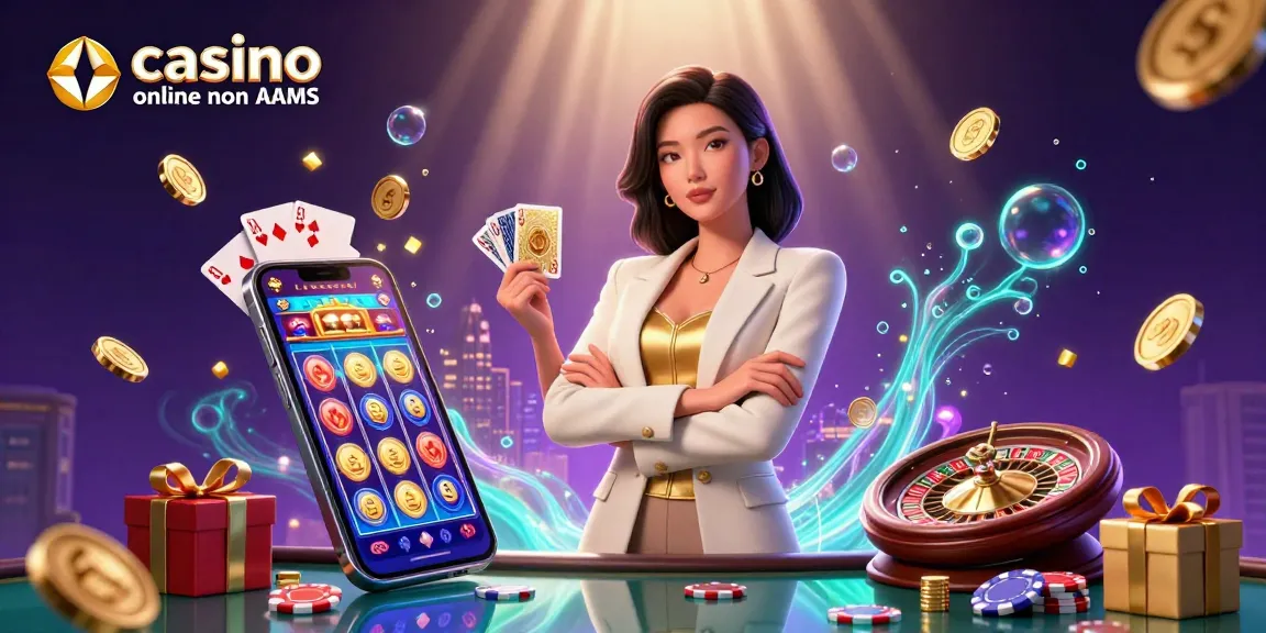 Vivi emozionanti esperienze di gioco nei casinò online non AAMS con un'elegante donna d'affari asiatica che tiene le carte tra elementi vibranti di casinò.