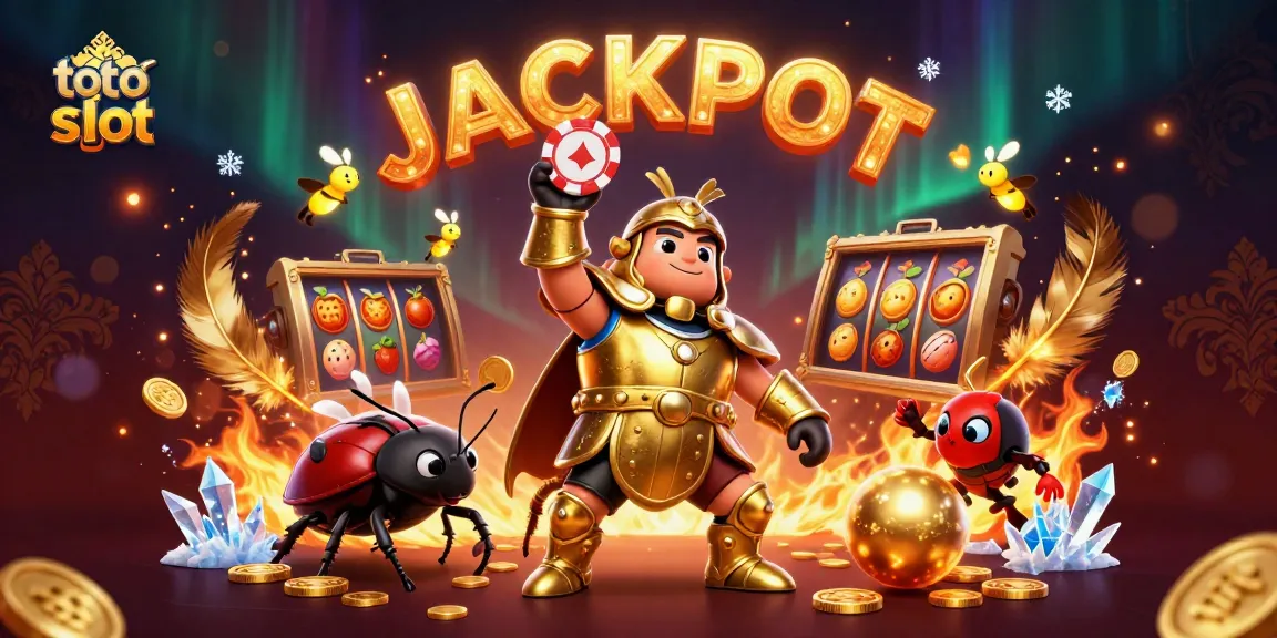 Experience thrilling toto slot gaming with 3D hercules beetle celebrating a jackpot in a vibrant casino scene.