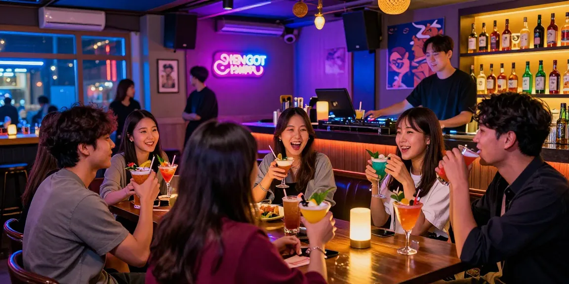 Enjoying vibrant nightlife at 상봉동 한국관나이트 with friends, cocktails, and neon lights.