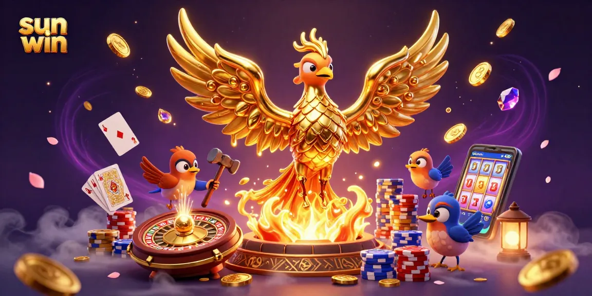 Experience thrilling moments at Sun Win with a golden phoenix amidst cascading coins and vibrant casino elements.
