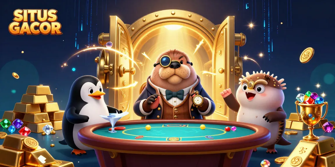 SITUS GACOR lively underwater poker scene featuring a jolly walrus, detailed dealer penguin, and a bluffing pufferfish.