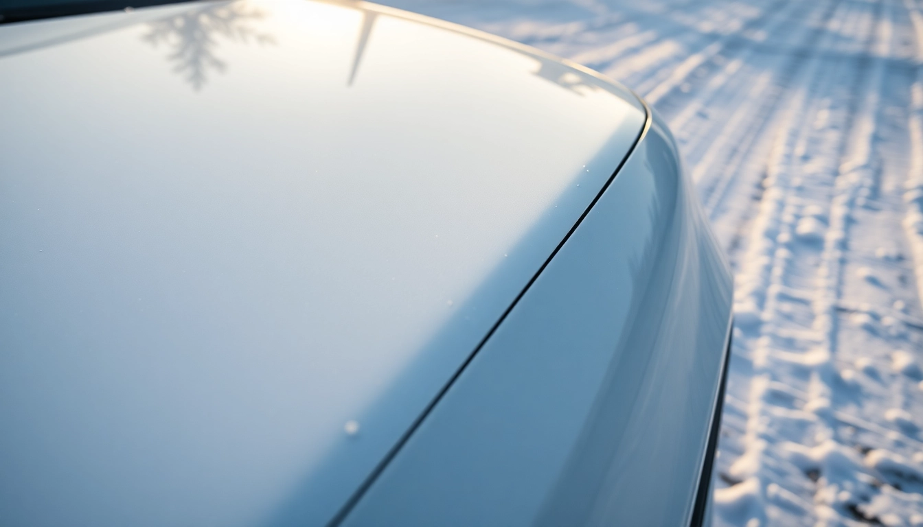 Showcasing PPF winter road salt protection on a vehicle in a snowy environment.