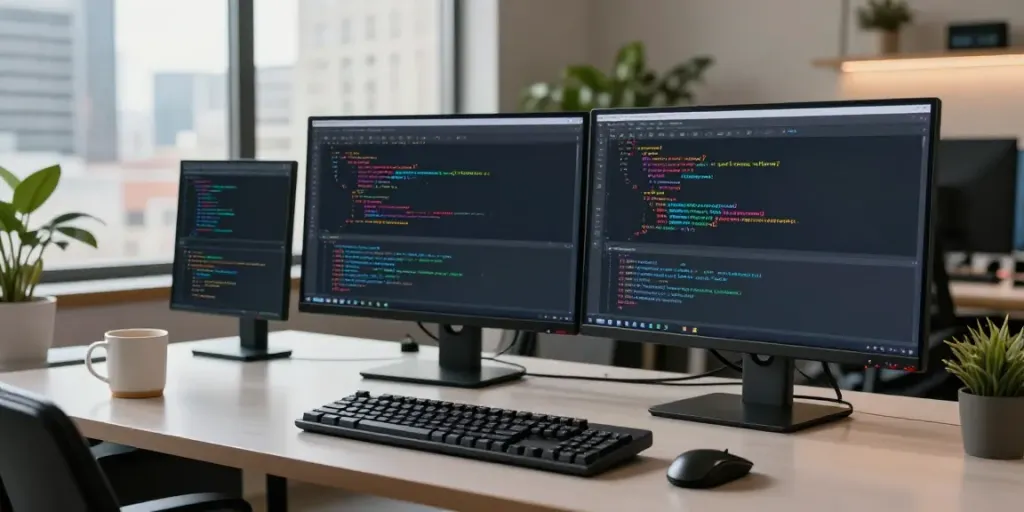 Productive developer workspace scene at https://notepad-app.co/ with coding screens, coffee, and city view.