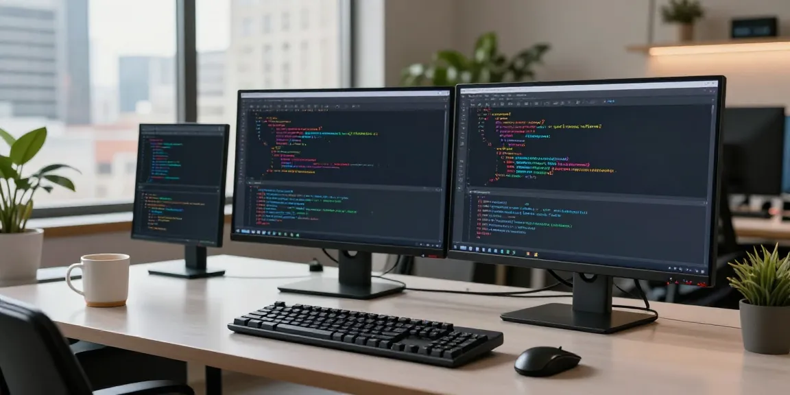 Productive developer workspace scene at https://notepad-app.co/ with coding screens, coffee, and city view.