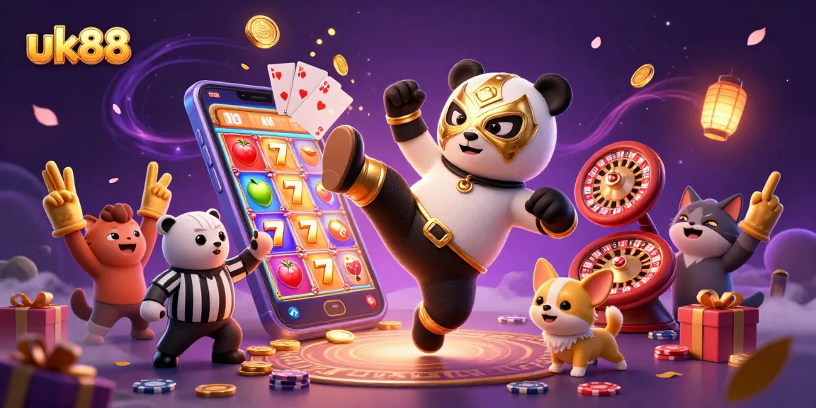 Enter the exciting world of uk88 with a panda wrestler and lively casino elements!