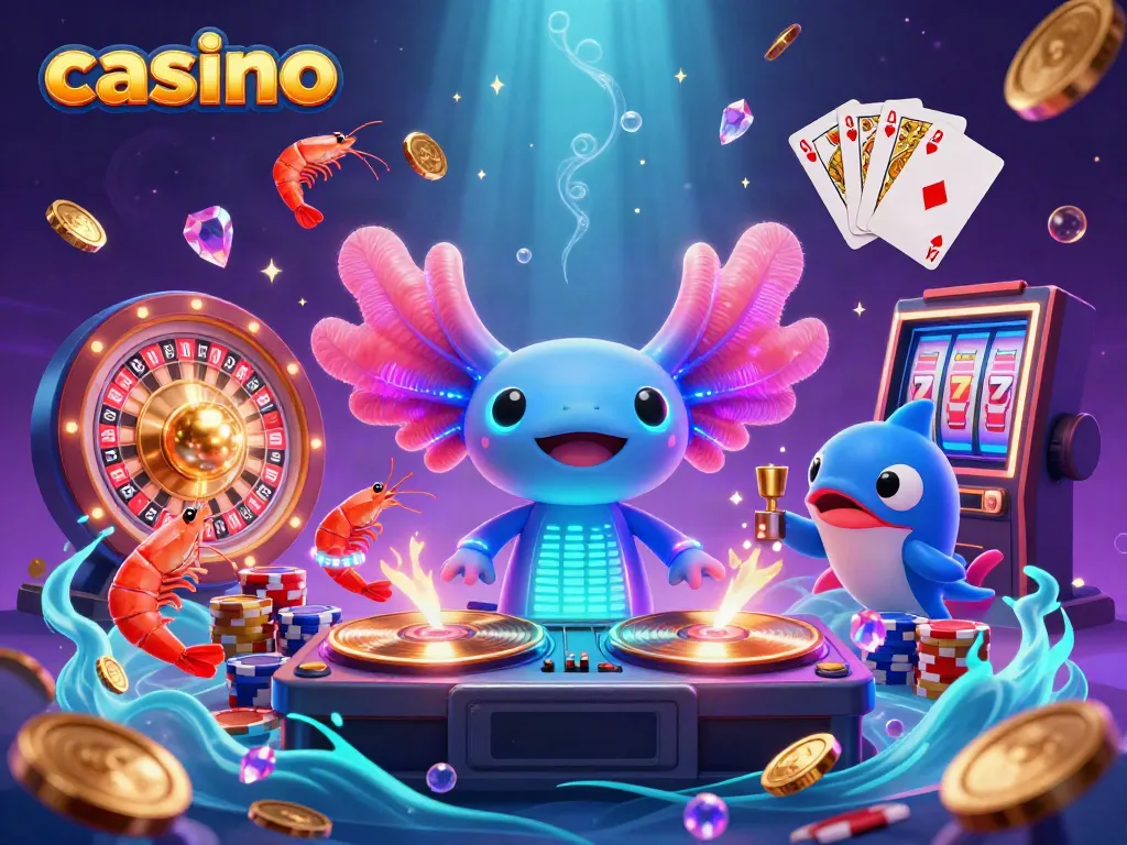 Experience the vibrant casino scene with a neon axolotl DJ and lively underwater characters.