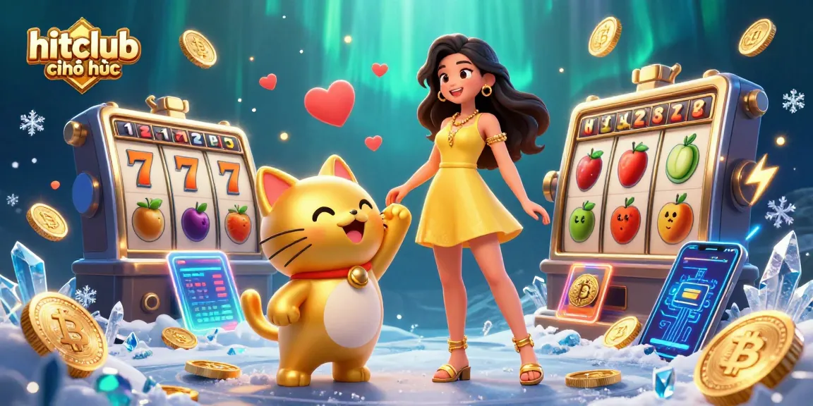 Engage with hitclub chính thức as a cheerful woman and lucky cat celebrate with golden coins and slot reels.