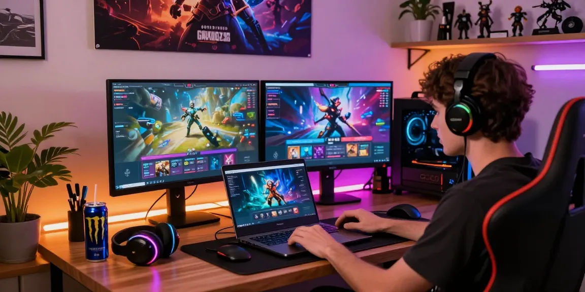 Engaging gaming scene showcasing Garuda303 online platform on a laptop in a vibrant gaming setup.