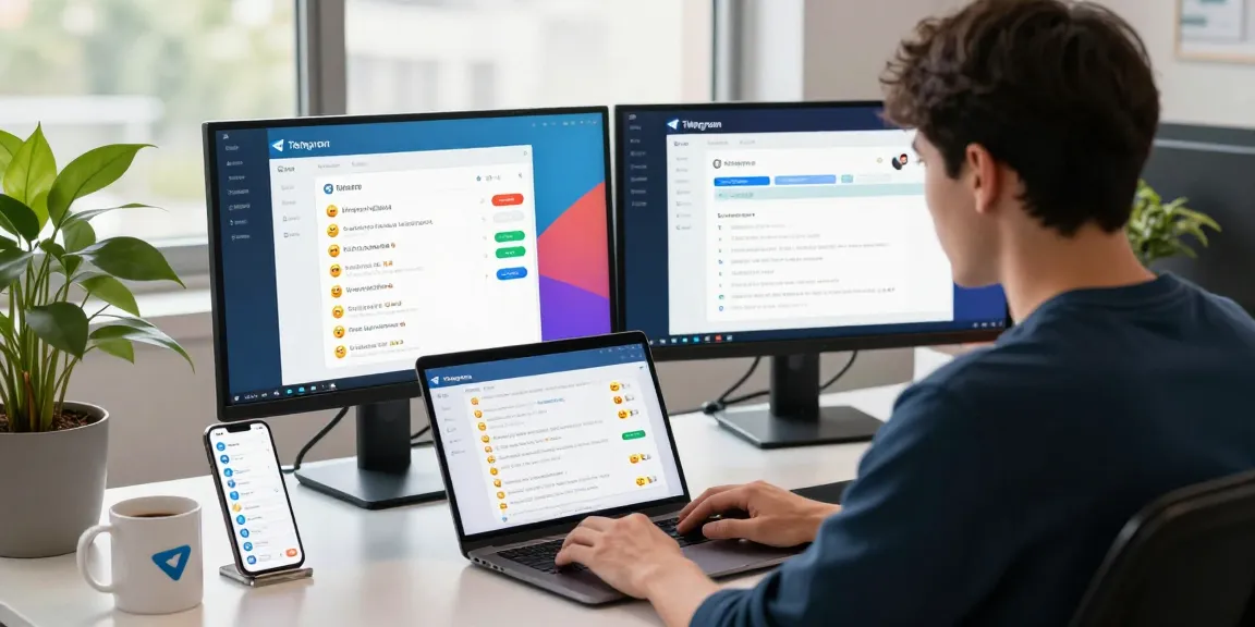 Customizing Telegram中文 settings at a modern tech workspace with dual monitors.