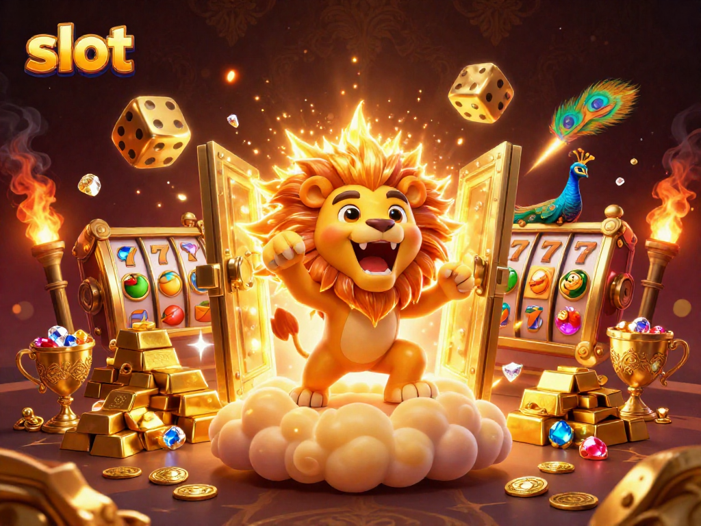Slot yang memikat dengan karakter singa, dadu emas, dan harta karun berkilauan.