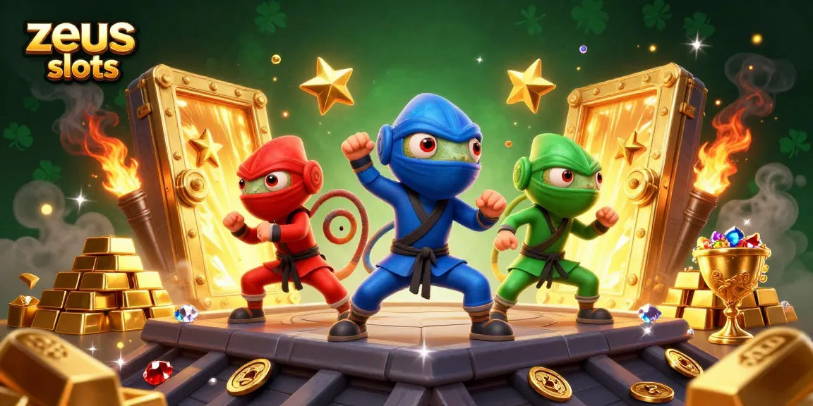 Experience thrilling action with zeus slots as three chameleons perform martial arts around a shimmering treasure vault.