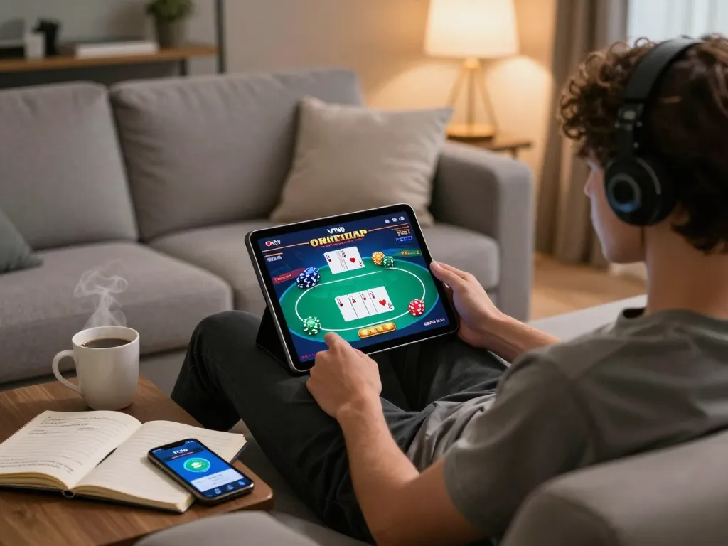 Engaging in a poker game on VT88's online casino app while relaxing in a cozy living room.