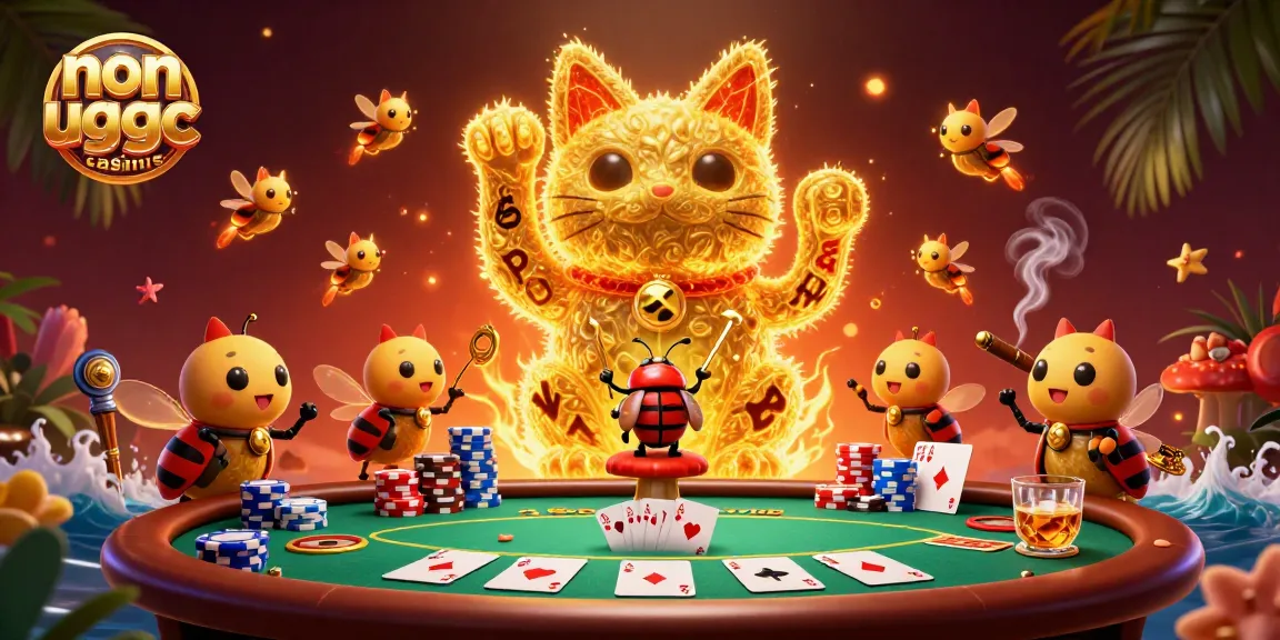 Experience non ukgc casinos with vibrant gaming elements and a lucky cat symbol amidst casino excitement.