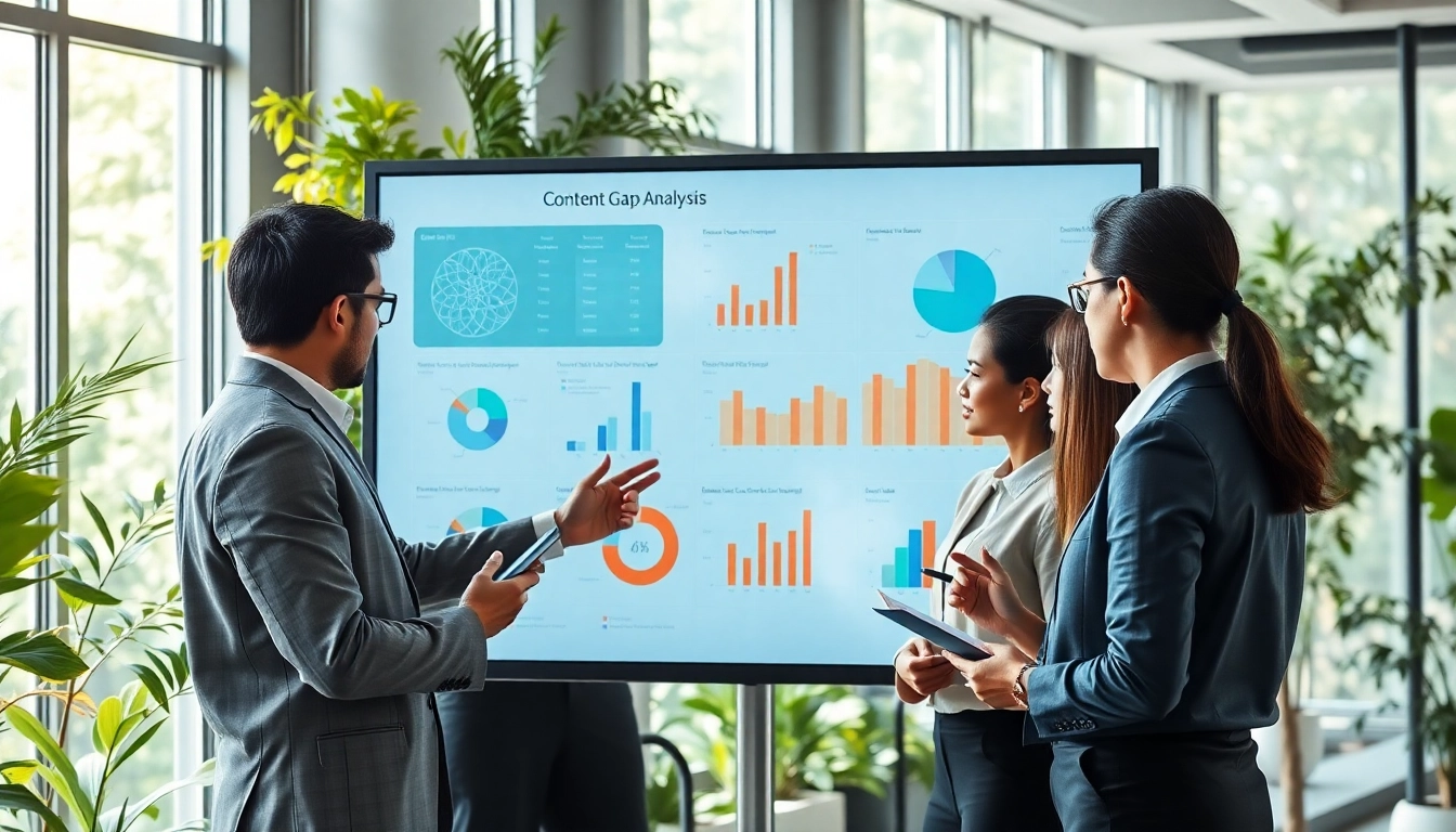 Engaging team meeting showcasing Content Gap Analysis insights through data visualization.