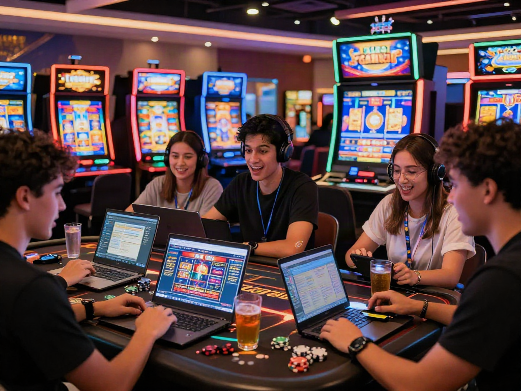 Engaging scene of friends enjoying bandar slot gacor online gaming experience with vibrant visuals and digital devices.