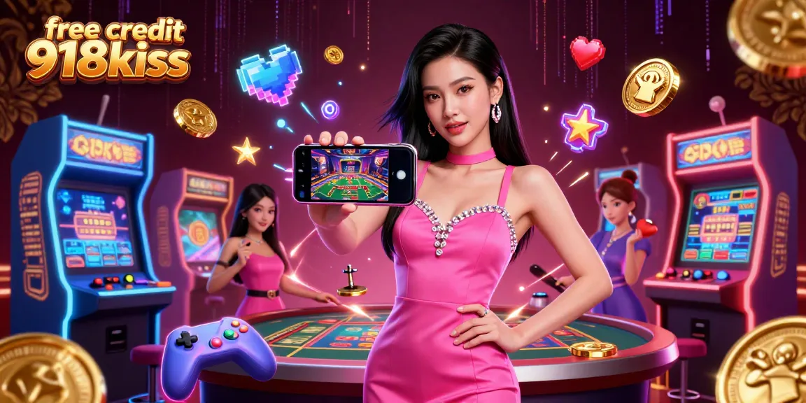 Experience free credit 918kiss to test mobile casino games, showcasing a confident player and dynamic gaming elements.