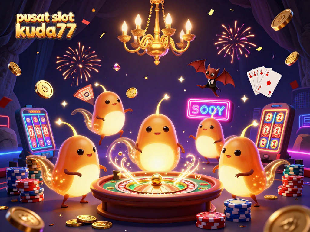 Pusat slot kuda77 menghadirkan suasana meriah dengan karakter glowworms dan dealer kelelawar, dikelilingi koin emas dan permainan slot.