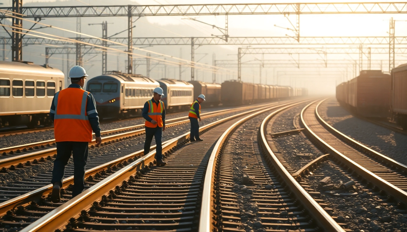 Inspectors examining the Track Inspection thoroughly in a train yard.