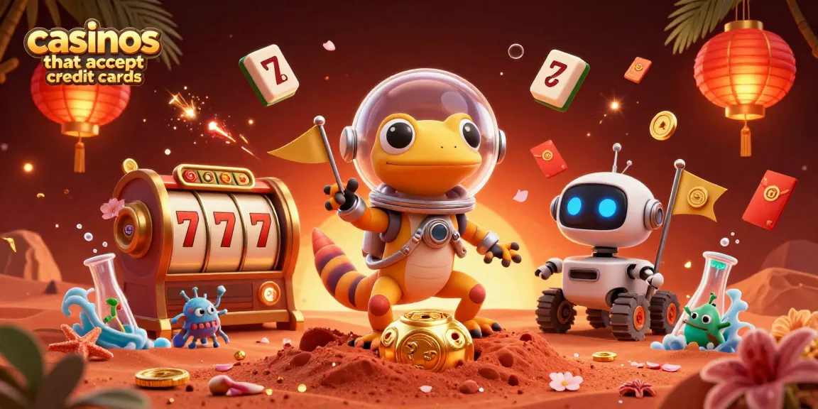 Engage with casinos that accept credit cards through this vibrant 3D illustration featuring a gecko discovering a golden casino.