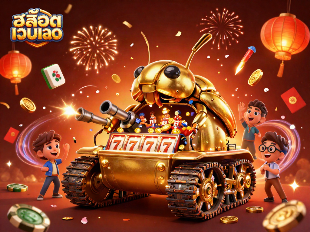 Engage with สล็อตเว็บตรง in a vibrant festival scene, showcasing spinning slot reels, golden confetti, and thrilling casino elements.