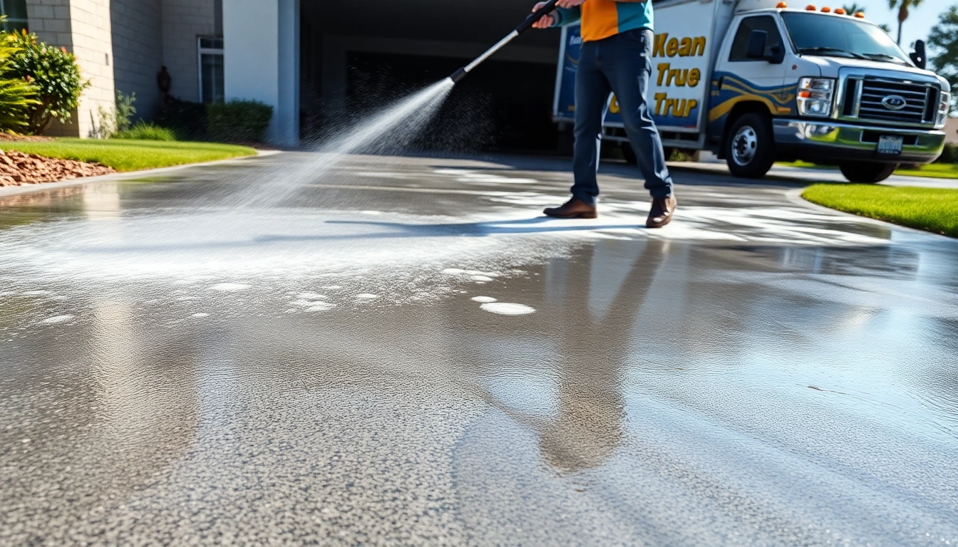 Concrete cleaning at a residential driveway, showcasing before and after results of professional pressure washing.