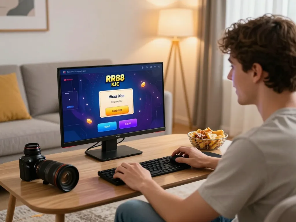 RR88 KJC app showcased on mobile device as a player celebrates winning gameplay in a cozy home setting