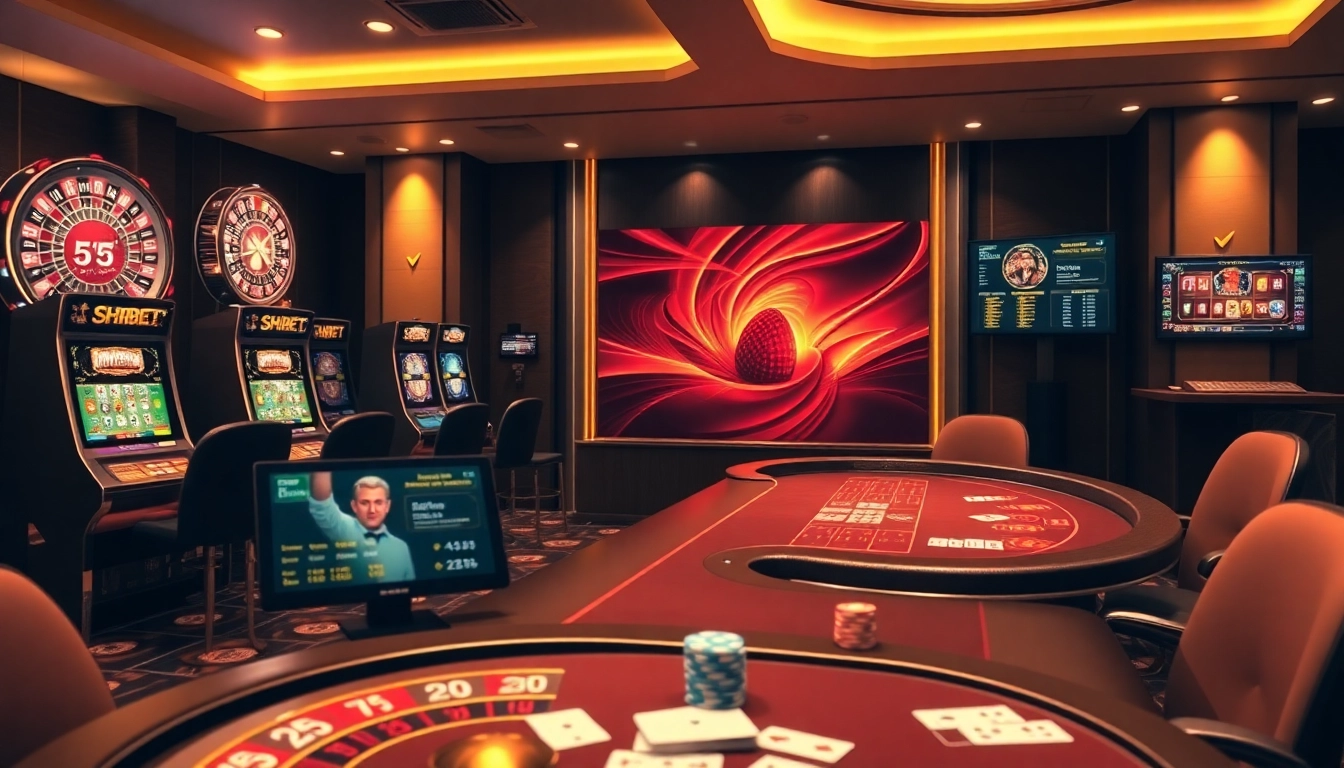 Experience the thrill of SHBET gambling with casino tables, roulette wheels, and vibrant slot machines.