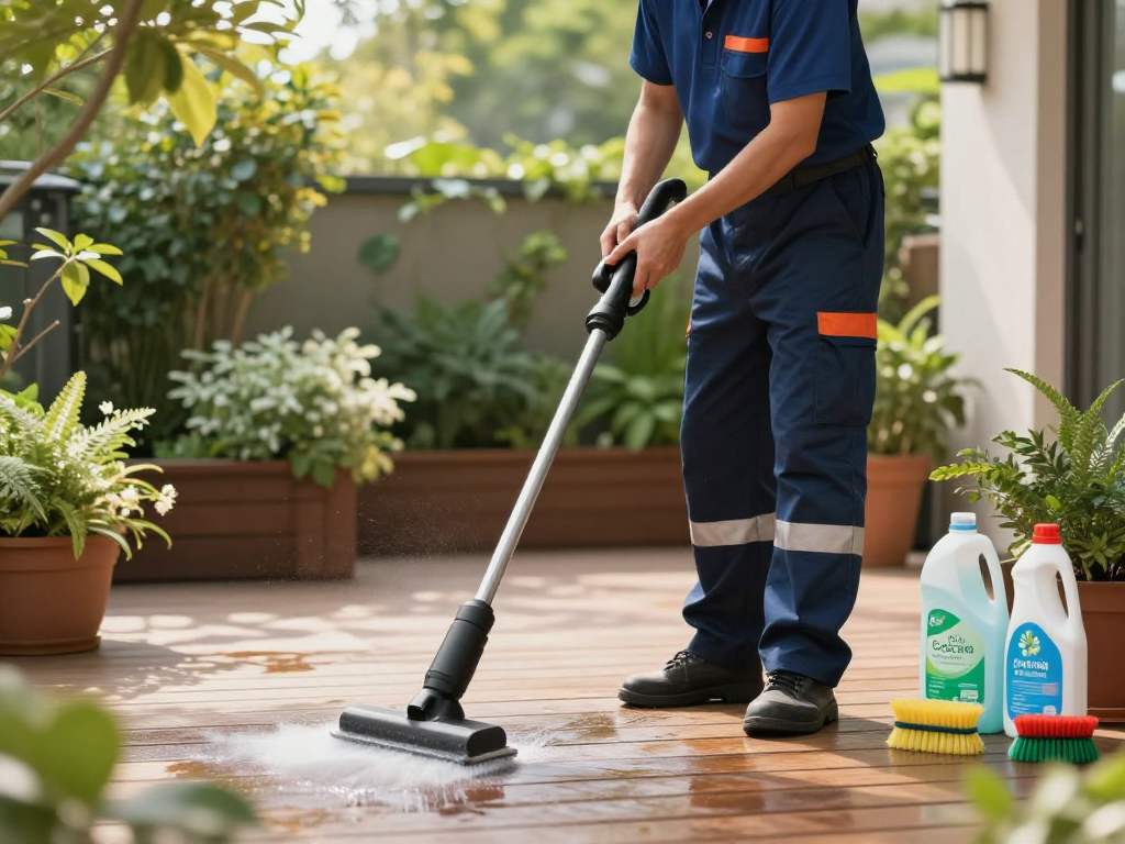 Terrassenreinigung Firma Dortmund mit professioneller Reinigung eines Holzterrassens im Freien.