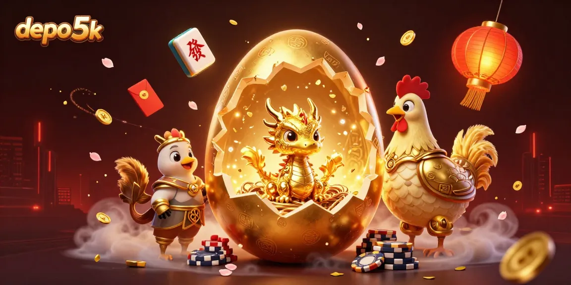 Engage with the thrilling world of depo 5k as the golden dragon emerges from a treasure nest, surrounded by vibrant casino elements.