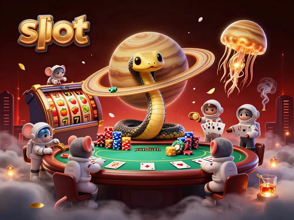 Slot permainan dengan ular Saturnus dan pemain di luar angkasa menempatkan taruhan.