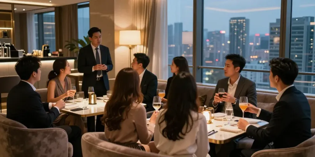 강남구구단 쩜오에서 단체 모임을 즐기는 고객들, 우아한 분위기 속에서 매니저와 대화 중인 모습.
