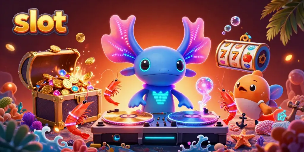 Engaging slot gaming scene with axolotl DJ and dynamic casino elements.