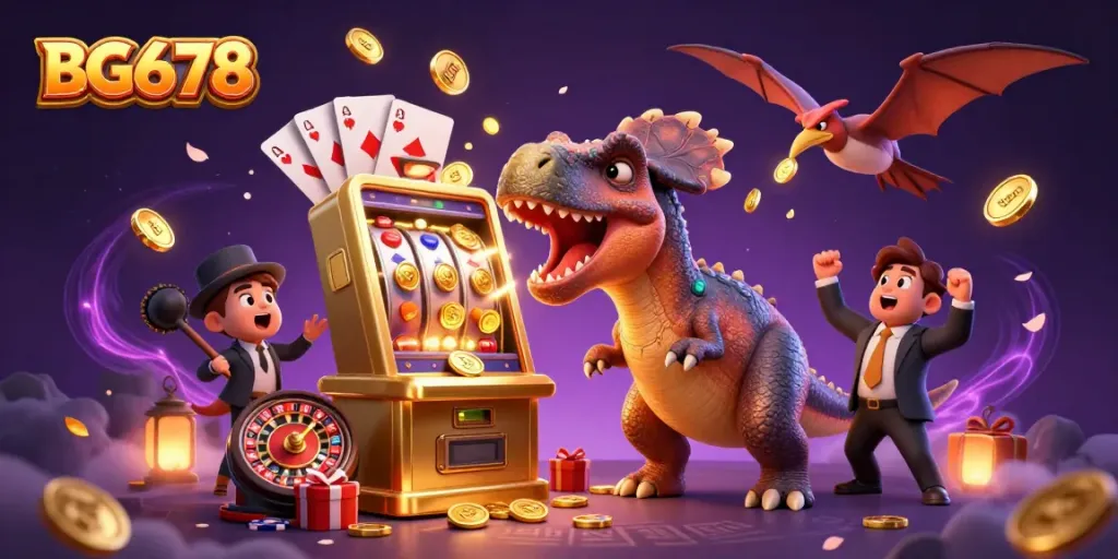 BG678 players enjoy exciting wins as a pachycephalosaurus celebrates a jackpot from a golden slot machine