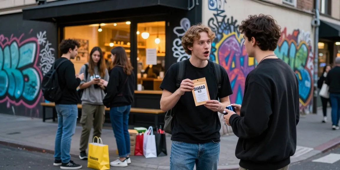Buy Diablo K2 spray on paper in an urban shopping scene with vibrant street art and friends.