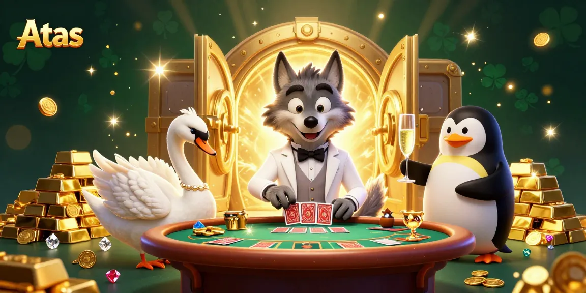 Join the Atas casino adventure with a debonair wolf, elegant swan, and penguin sommelier amidst gold treasures and vibrant lights.