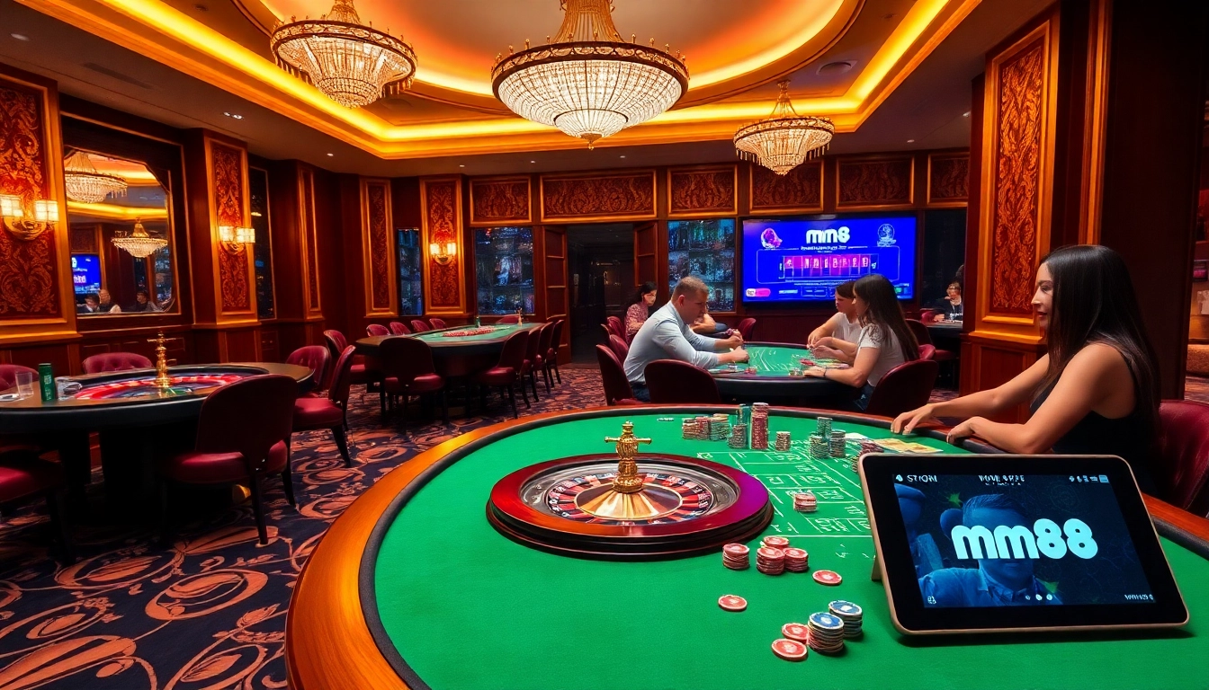 Engaging scene of a luxury casino featuring mm88 poker games and vibrant betting action.