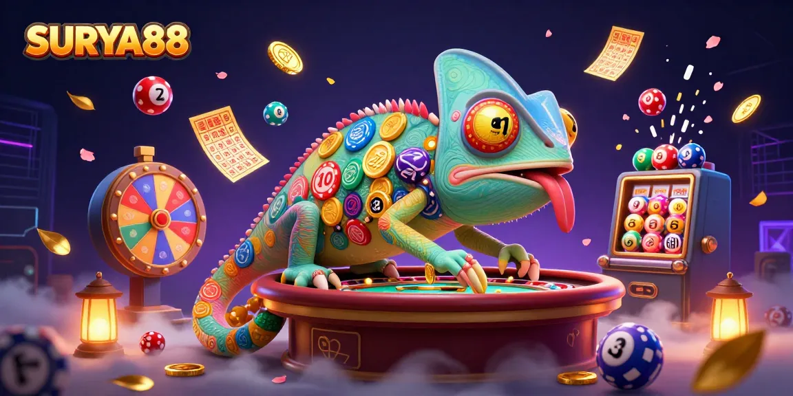 SURYA88 captures the vibrant casino excitement with a dynamic illustration of a colorful chameleon owner.