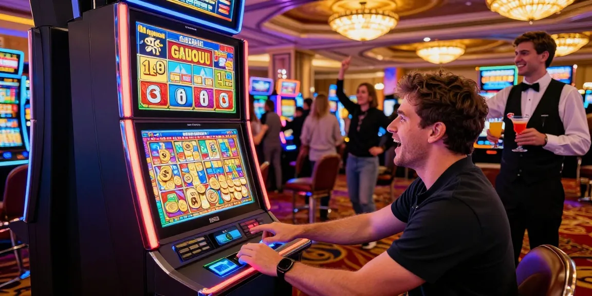 Player excitedly winning at a slot machine in a vibrant casino.