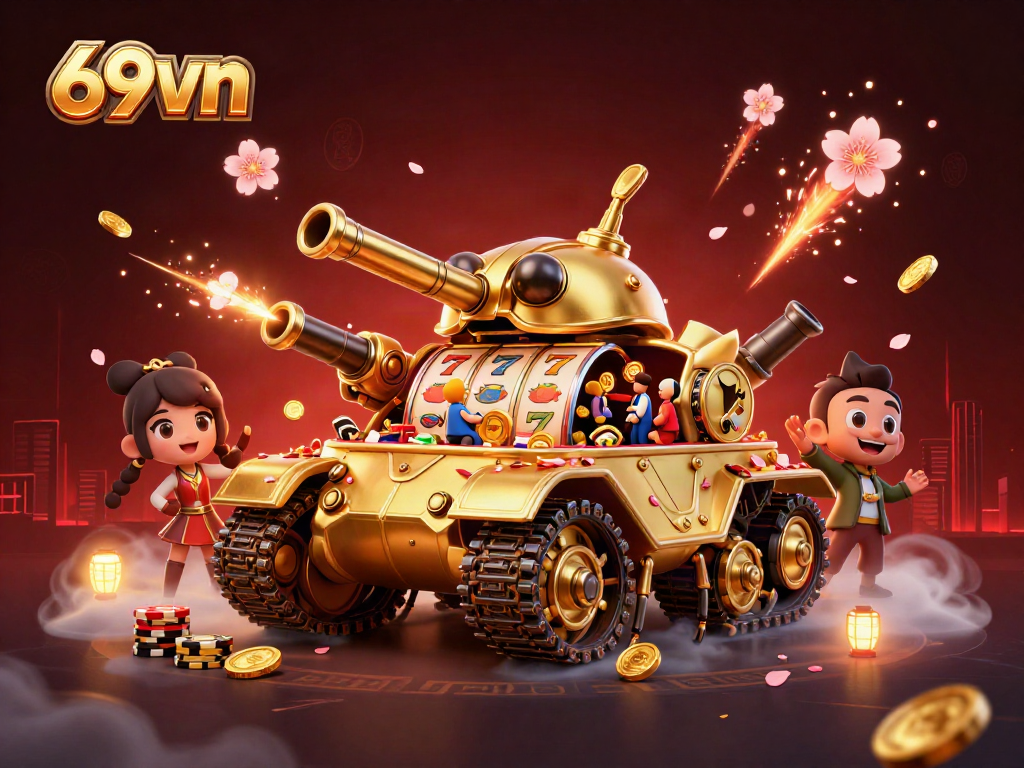 Engage with 69vn's vibrant casino scene featuring a golden beetle tank and dynamic slot game elements.