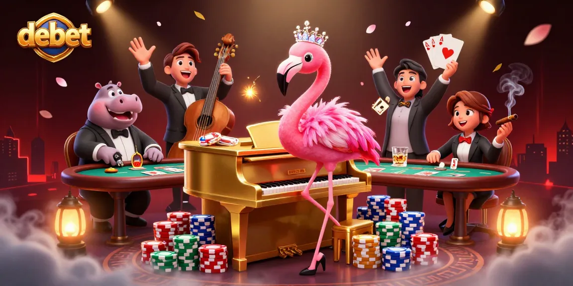 Engage with debet's vibrant casino scene featuring animated characters and poker elements.