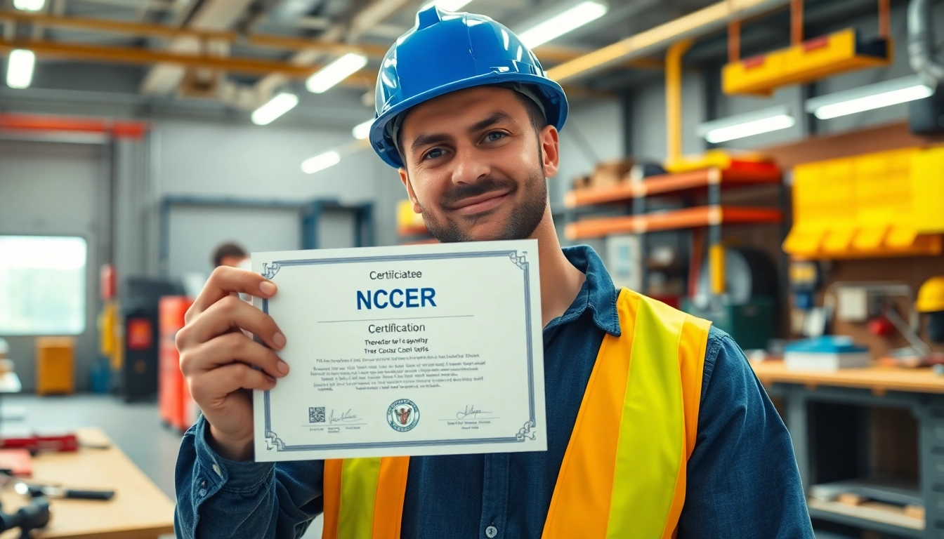 NCCER certification held by a construction worker in a dynamic workshop environment.