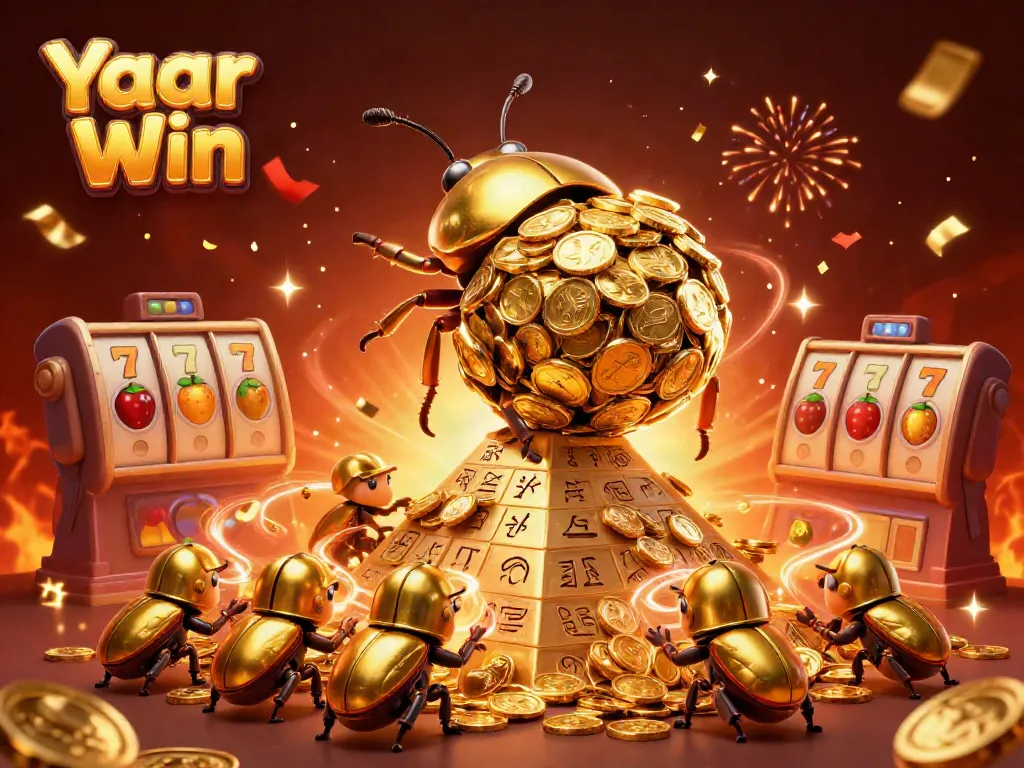 Play Yaar Win with golden beetles rolling coins in a vibrant casino-themed scene