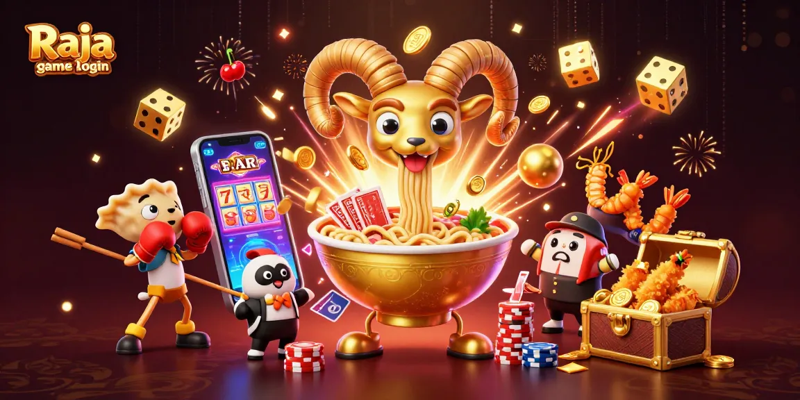 Engage in the fun of Raja game login with a whimsical casino scene featuring a golden ramen bowl dealer and vibrant slot machine