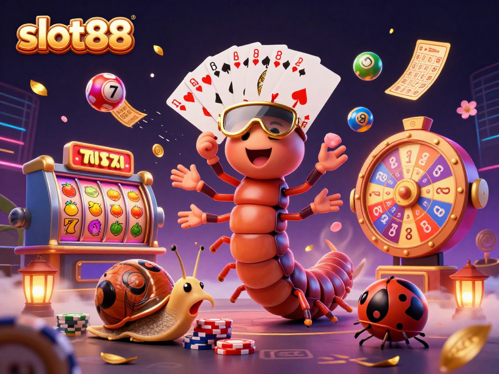 Win big at slot88 with a colorful 3D casino scene featuring cartoon casinos, cards, and lottery balls.