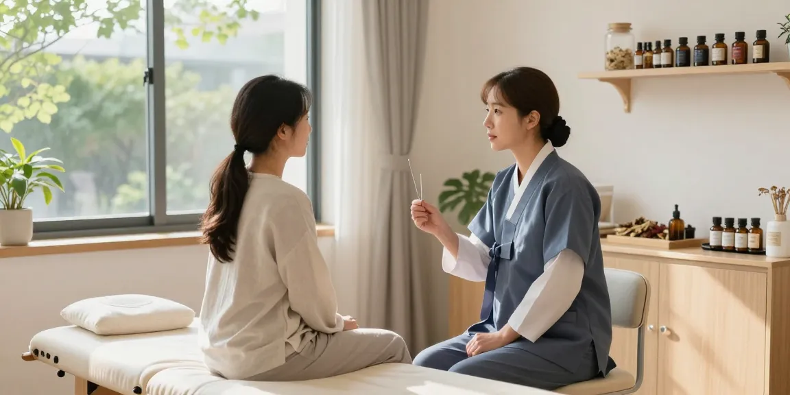 Consultation in a serene 수원한의원, showcasing holistic health practices with natural healing elements.